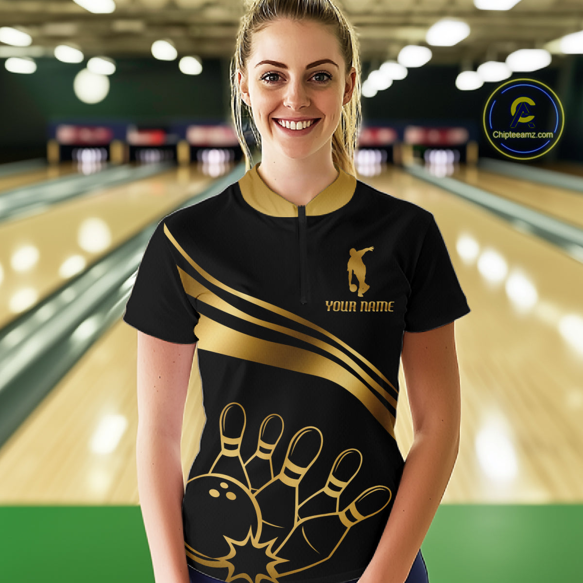 Black & Gold Bowling Ball Pins Custom Bowling Team Shirt Polo & Quarter-Zip Bowling Jersey QZT1260