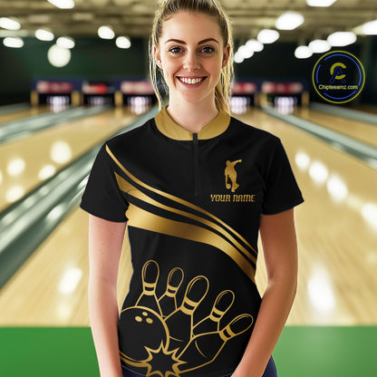 Black & Gold Bowling Ball Pins Custom Bowling Team Shirt Polo & Quarter-Zip Bowling Jersey QZT1260