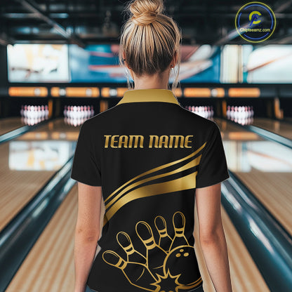 Black & Gold Bowling Ball Pins Custom Bowling Team Shirt Polo & Quarter-Zip Bowling Jersey QZT1260