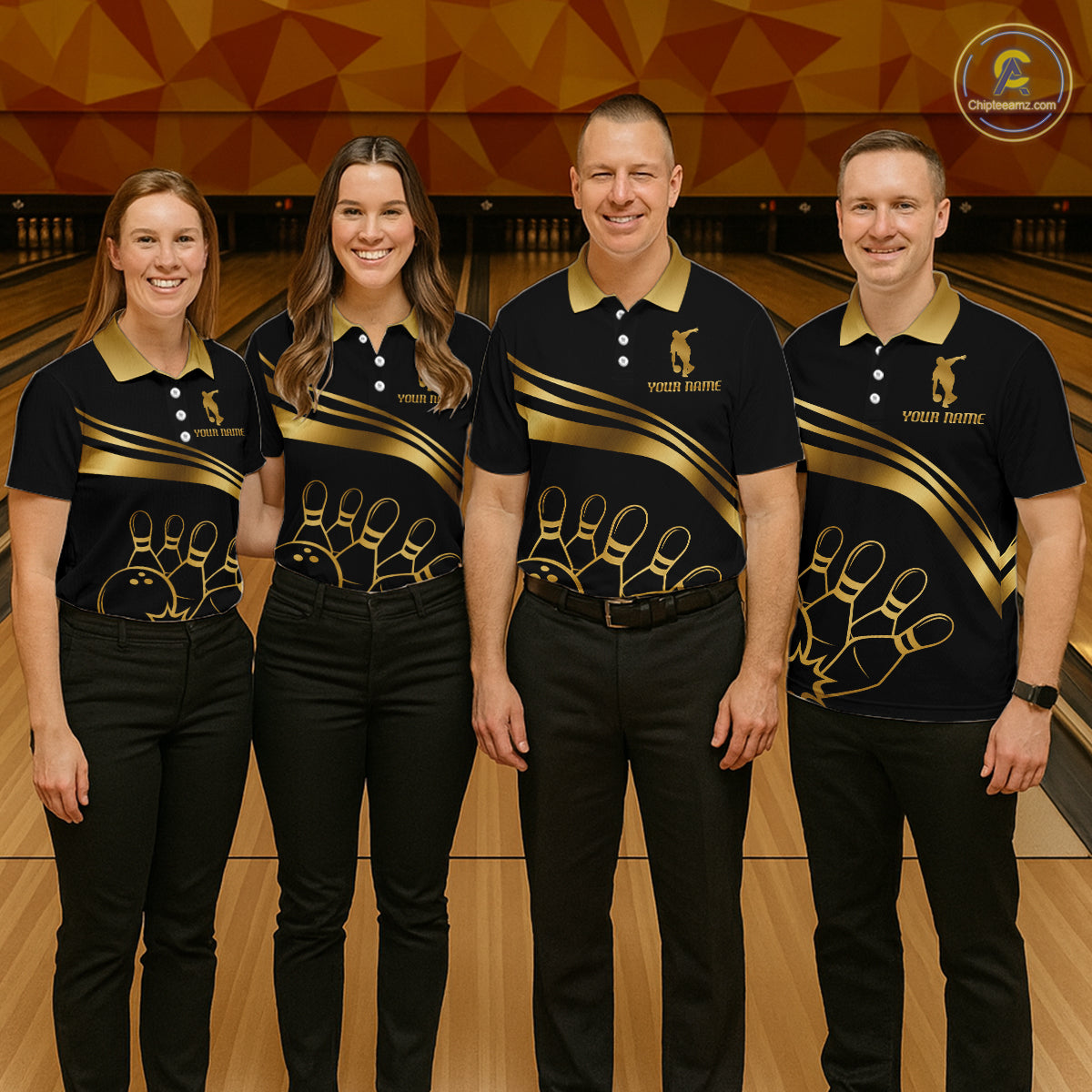 Black & Gold Bowling Ball Pins Custom Bowling Team Shirt Polo & Quarter-Zip Bowling Jersey QZT1260