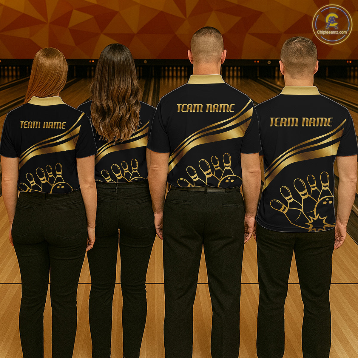 Black & Gold Bowling Ball Pins Custom Bowling Team Shirt Polo & Quarter-Zip Bowling Jersey QZT1260