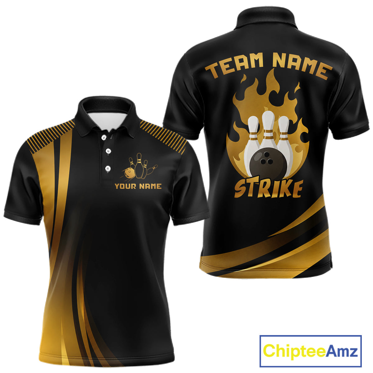 Black & Gold Bowling Shirt for Men Custom Strike Flames Bowling Team Jersey Polo & Quarter-Zip QZT1261