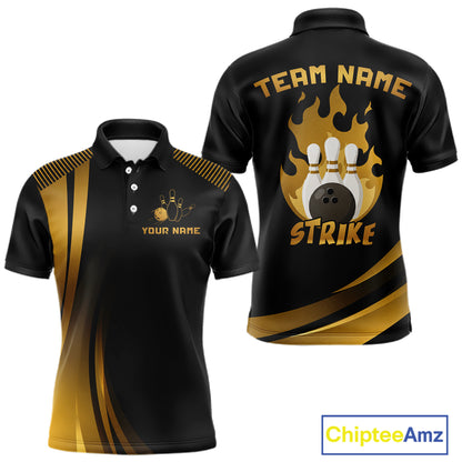 Black & Gold Bowling Shirt for Men Custom Strike Flames Bowling Team Jersey Polo & Quarter-Zip QZT1261