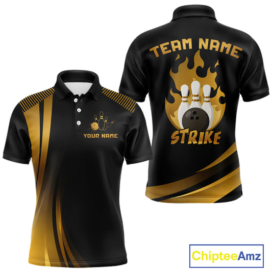 Black & Gold Bowling Shirt for Men Custom Strike Flames Bowling Team Jersey Polo & Quarter-Zip QZT1261