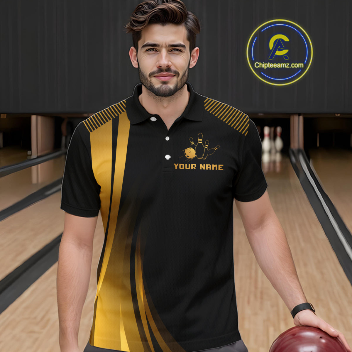 Black & Gold Bowling Shirt for Men Custom Strike Flames Bowling Team Jersey Polo & Quarter-Zip QZT1261
