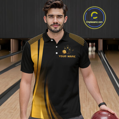 Black & Gold Bowling Shirt for Men Custom Strike Flames Bowling Team Jersey Polo & Quarter-Zip QZT1261
