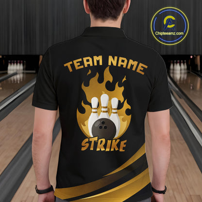 Black & Gold Bowling Shirt for Men Custom Strike Flames Bowling Team Jersey Polo & Quarter-Zip QZT1261