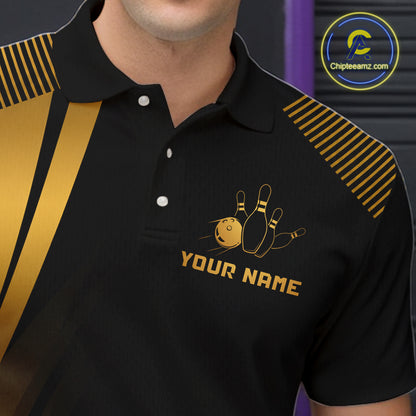 Black & Gold Bowling Shirt for Men Custom Strike Flames Bowling Team Jersey Polo & Quarter-Zip QZT1261
