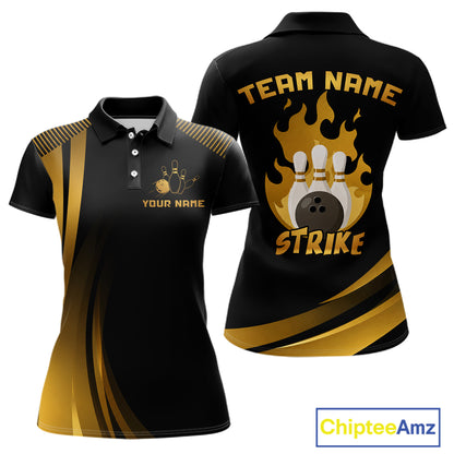 Black & Gold Bowling Shirt for Women Custom Strike Flames Bowling Team Jersey Polo & Quarter-Zip QZT1261