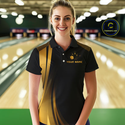 Black & Gold Bowling Shirt for Women Custom Strike Flames Bowling Team Jersey Polo & Quarter-Zip QZT1261