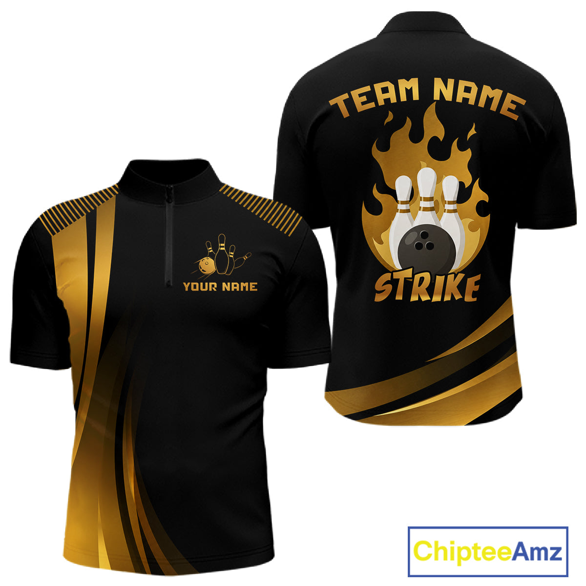 Black & Gold Bowling Shirt for Men Custom Strike Flames Bowling Team Jersey Polo & Quarter-Zip QZT1261