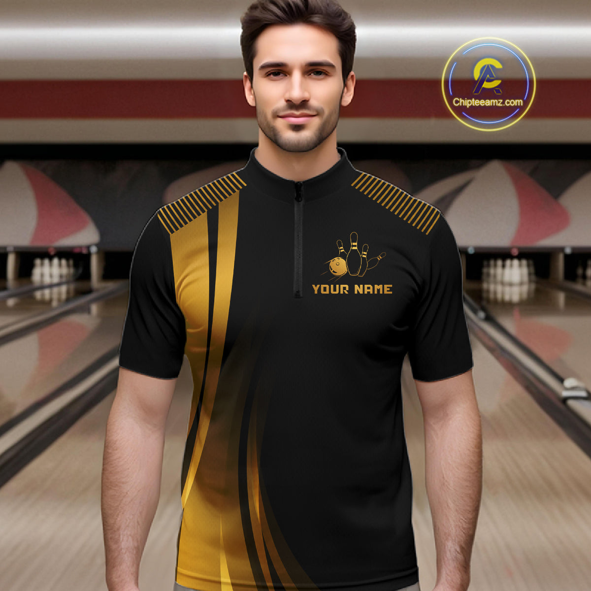 Black & Gold Bowling Shirt for Men Custom Strike Flames Bowling Team Jersey Polo & Quarter-Zip QZT1261