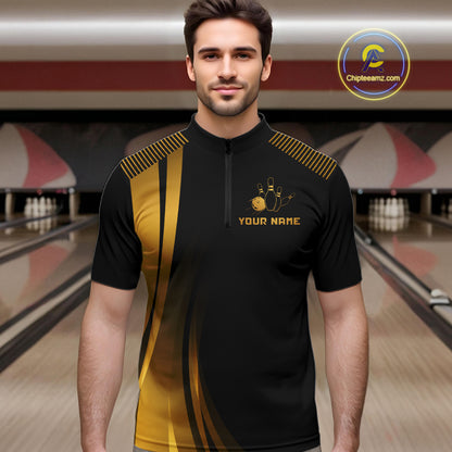 Black & Gold Bowling Shirt for Men Custom Strike Flames Bowling Team Jersey Polo & Quarter-Zip QZT1261