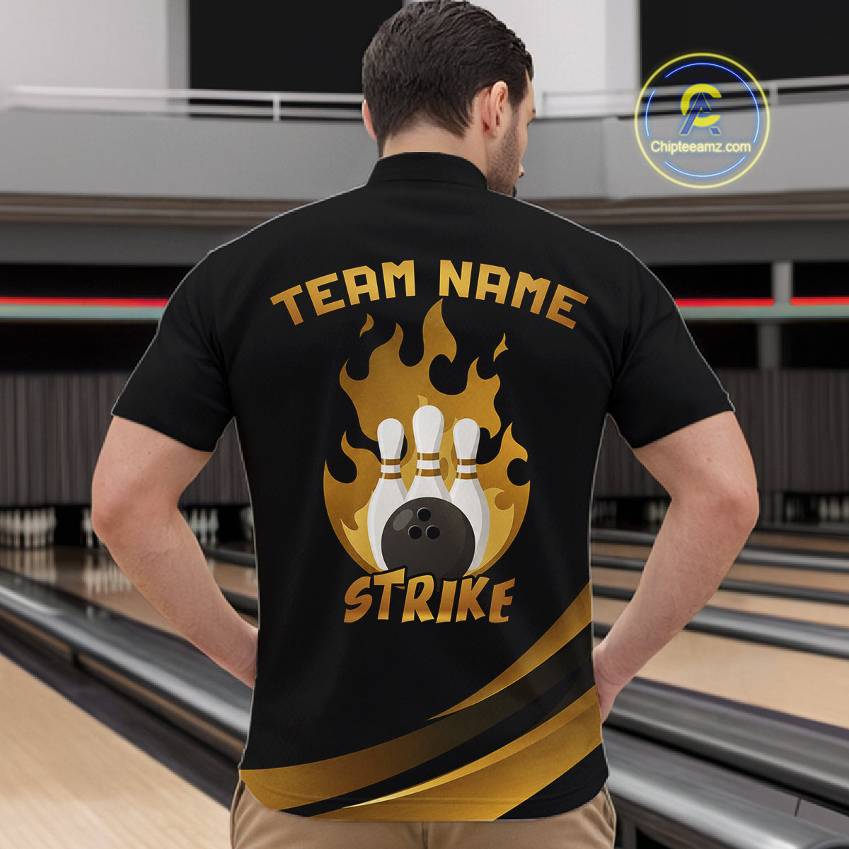 Black & Gold Bowling Shirt for Men Custom Strike Flames Bowling Team Jersey Polo & Quarter-Zip QZT1261