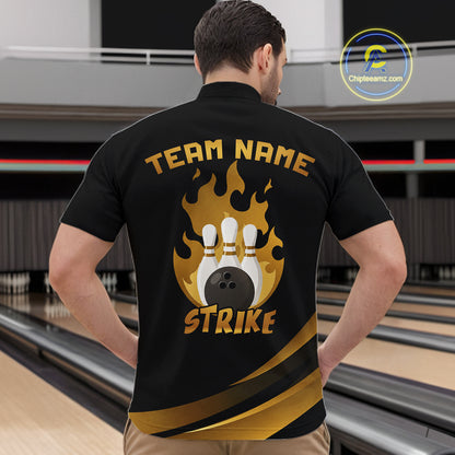 Black & Gold Bowling Shirt for Men Custom Strike Flames Bowling Team Jersey Polo & Quarter-Zip QZT1261