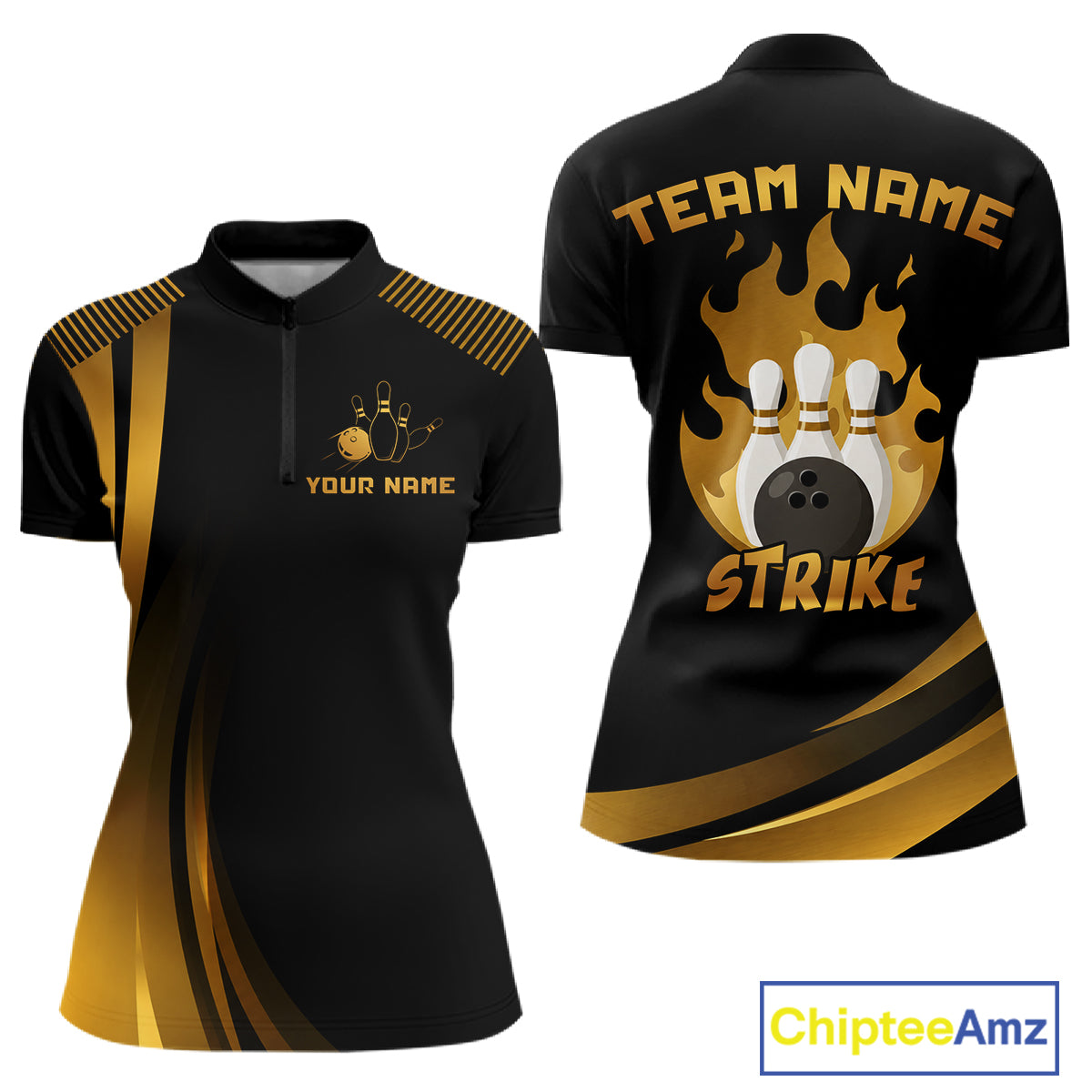 Black & Gold Bowling Shirt for Women Custom Strike Flames Bowling Team Jersey Polo & Quarter-Zip QZT1261