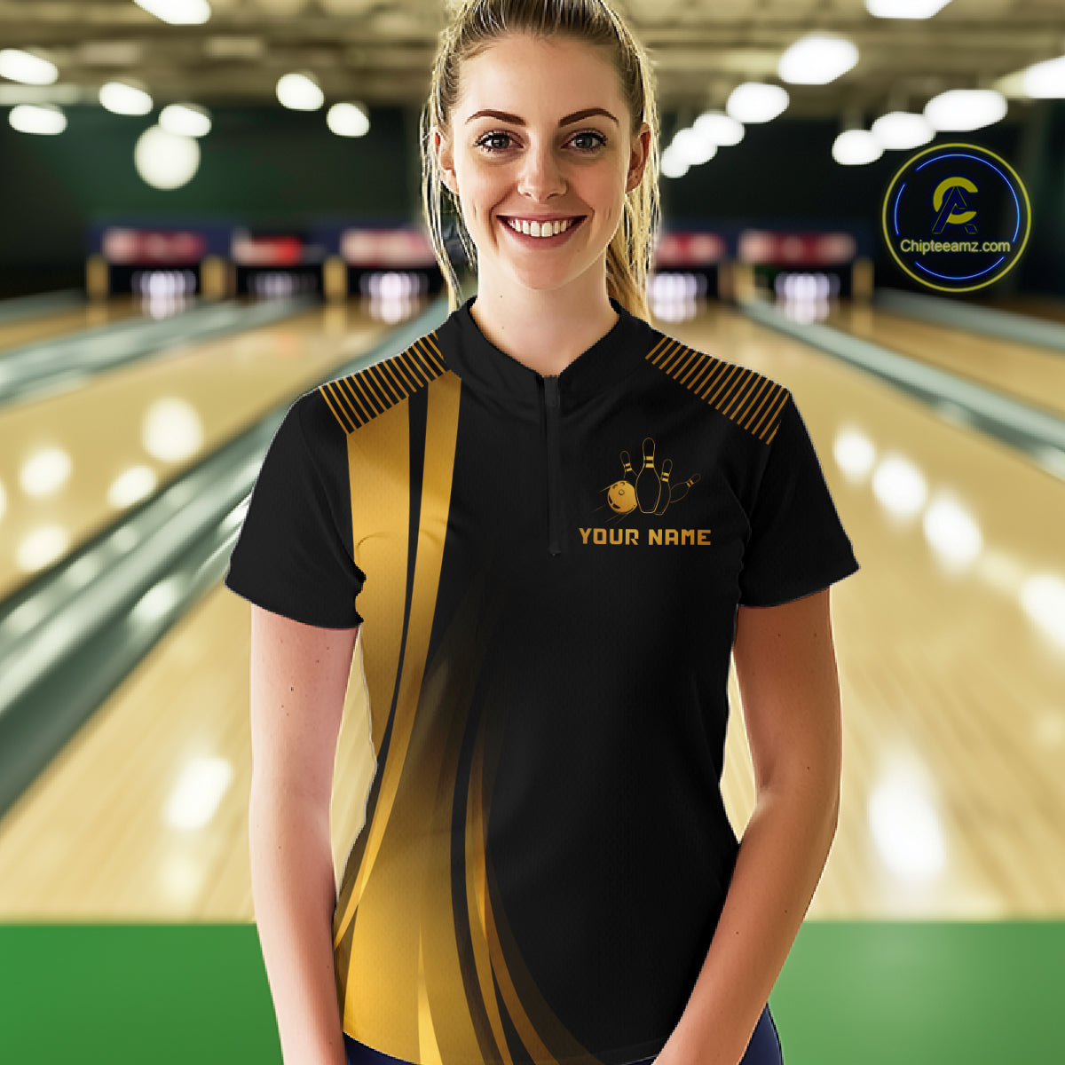 Black & Gold Bowling Shirt for Women Custom Strike Flames Bowling Team Jersey Polo & Quarter-Zip QZT1261