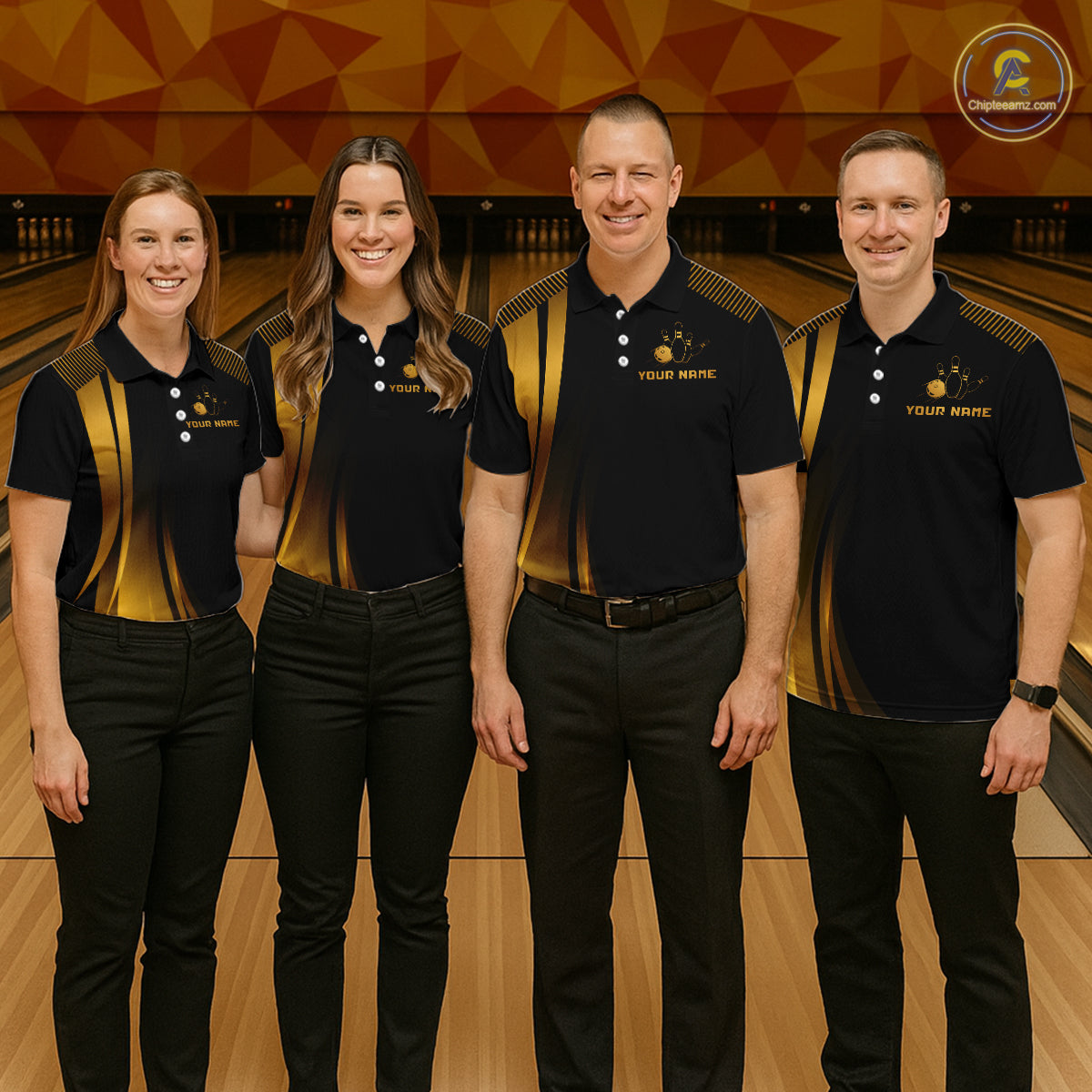 Black & Gold Bowling Shirt for Men Custom Strike Flames Bowling Team Jersey Polo & Quarter-Zip QZT1261