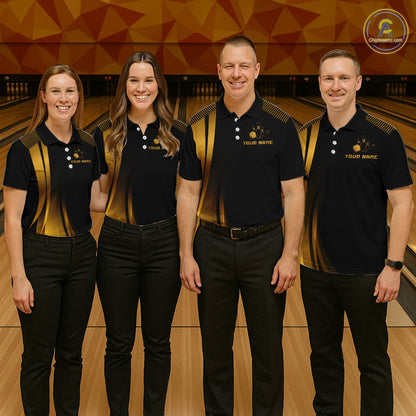 Black & Gold Bowling Shirt for Men Custom Strike Flames Bowling Team Jersey Polo & Quarter-Zip QZT1261