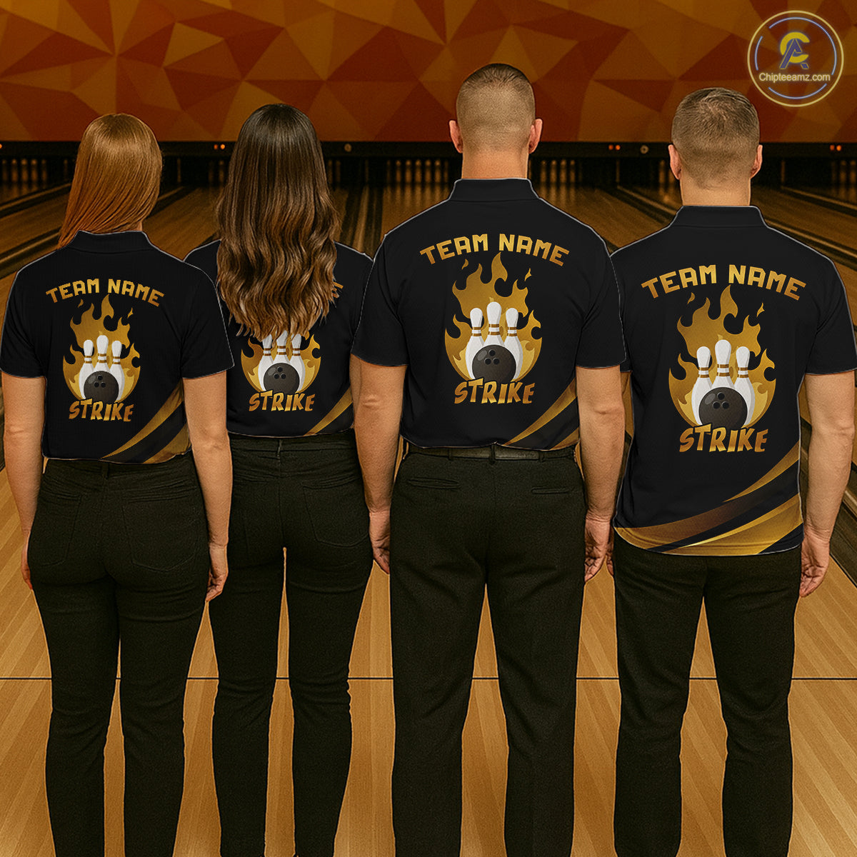 Black & Gold Bowling Shirt for Men Custom Strike Flames Bowling Team Jersey Polo & Quarter-Zip QZT1261