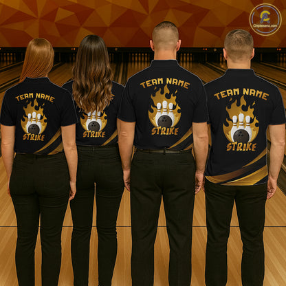 Black & Gold Bowling Shirt for Men Custom Strike Flames Bowling Team Jersey Polo & Quarter-Zip QZT1261