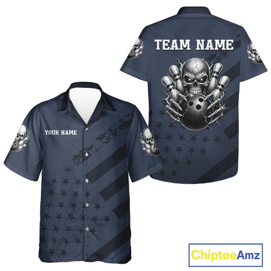 Custom American Flag Skull Bowling Hawaiian Shirt for Men Women Navy Blue Bowling Jersey QZT1262