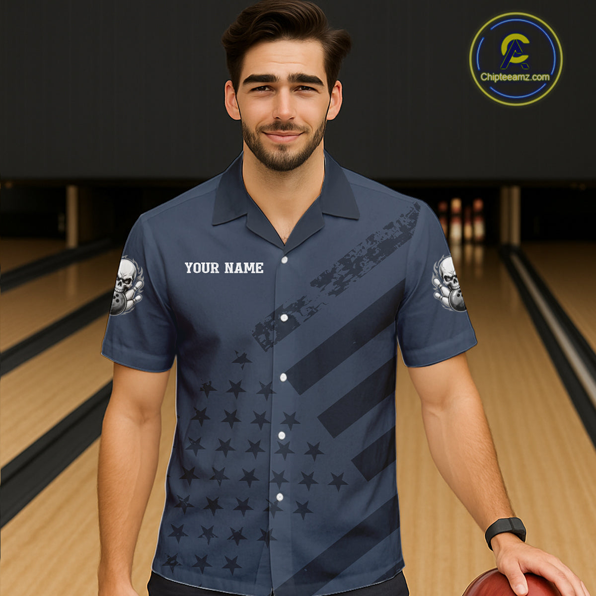 Custom American Flag Skull Bowling Hawaiian Shirt for Men Women Navy Blue Bowling Jersey QZT1262