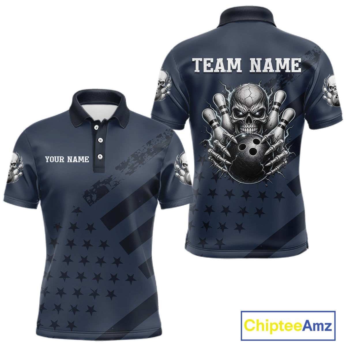 American Flag Bowling Skull Shirt for Men Navy Blue Bowling Jersey Polo & Quarter-Zip QZT1262