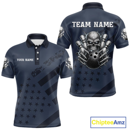 American Flag Bowling Skull Shirt for Men Navy Blue Bowling Jersey Polo & Quarter-Zip QZT1262