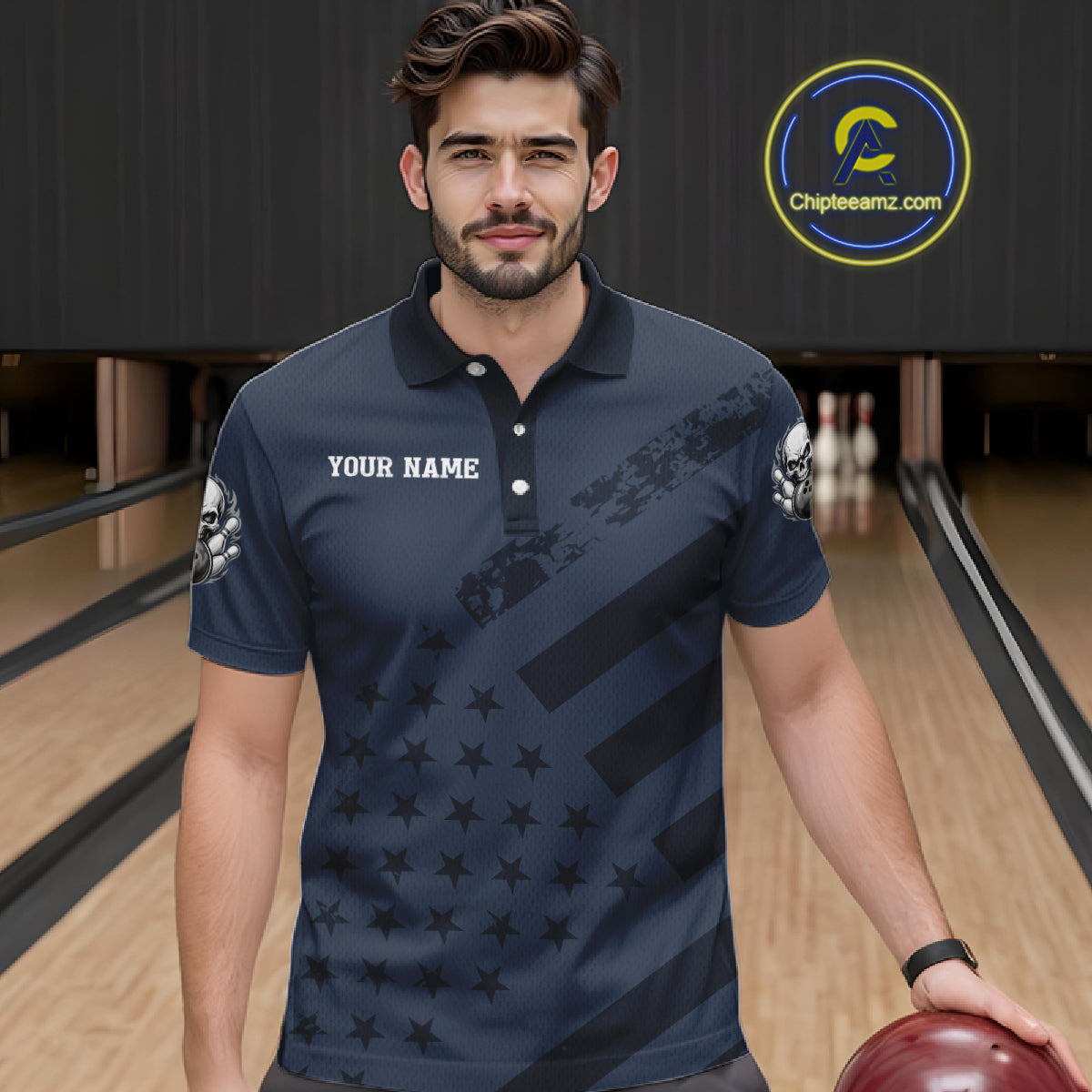 American Flag Bowling Skull Shirt for Men Navy Blue Bowling Jersey Polo & Quarter-Zip QZT1262