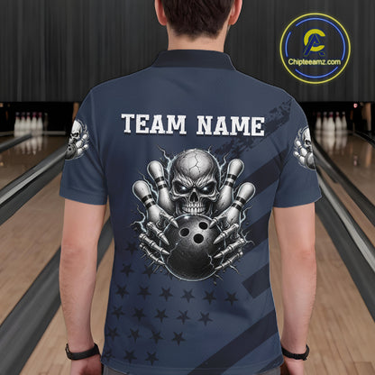 American Flag Bowling Skull Shirt for Men Navy Blue Bowling Jersey Polo & Quarter-Zip QZT1262