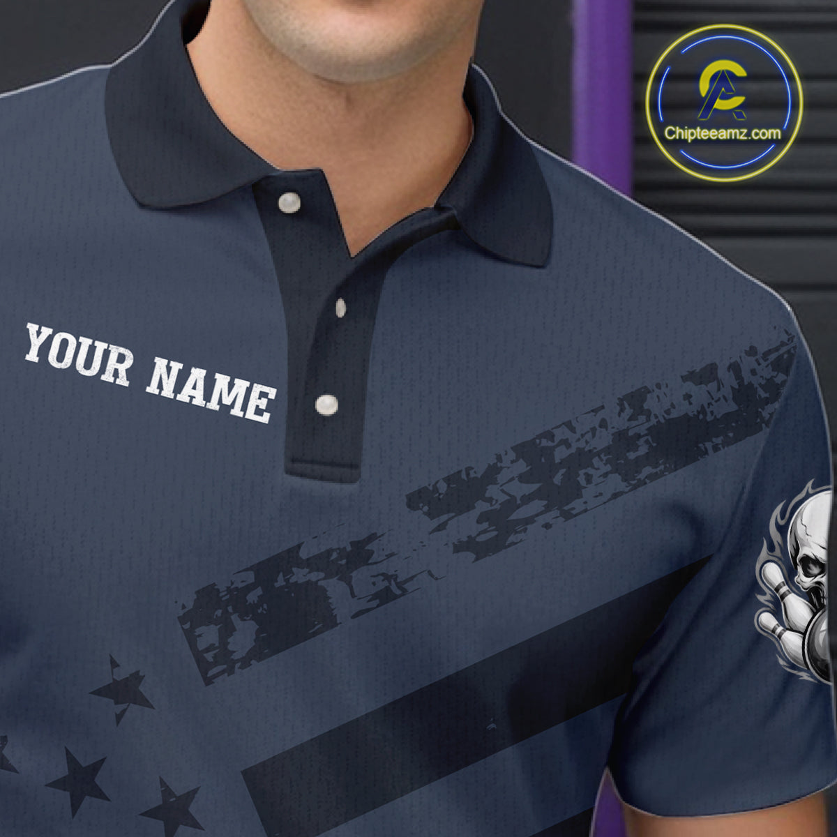 American Flag Bowling Skull Shirt for Men Navy Blue Bowling Jersey Polo & Quarter-Zip QZT1262