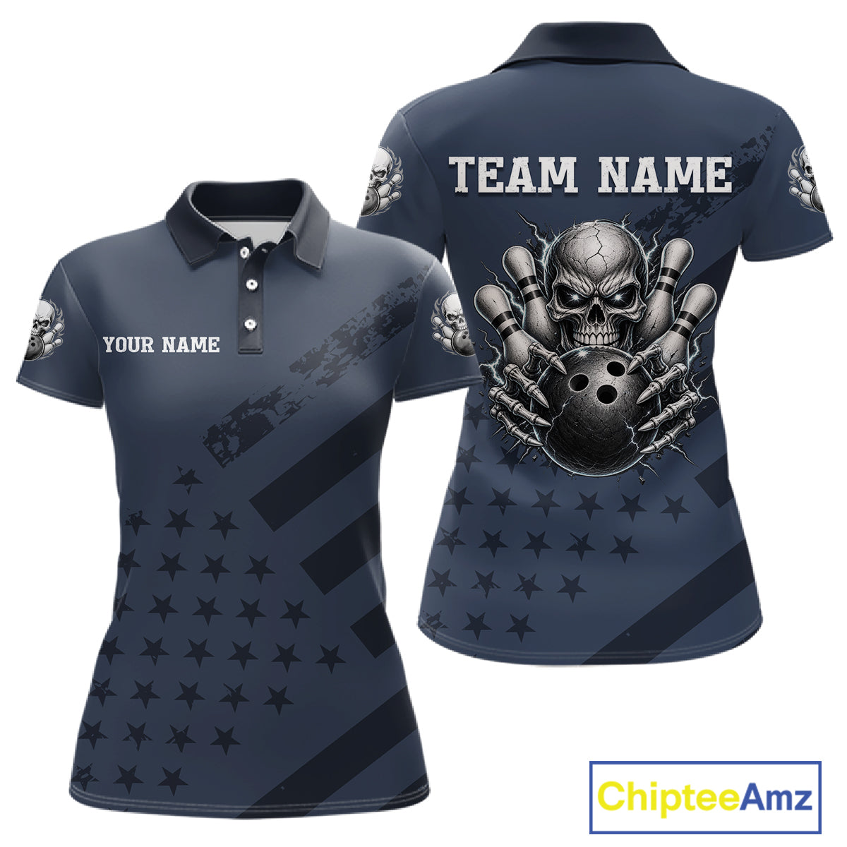 American Flag Bowling Skull Shirt for Women Navy Blue Bowling Jersey Polo & Quarter-Zip QZT1262