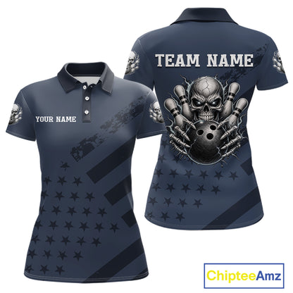 American Flag Bowling Skull Shirt for Women Navy Blue Bowling Jersey Polo & Quarter-Zip QZT1262