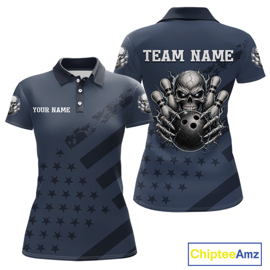 American Flag Bowling Skull Shirt for Women Navy Blue Bowling Jersey Polo & Quarter-Zip QZT1262
