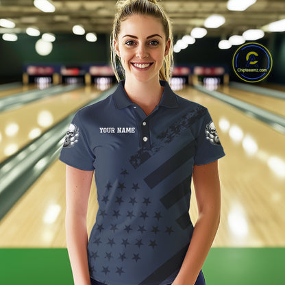 American Flag Bowling Skull Shirt for Women Navy Blue Bowling Jersey Polo & Quarter-Zip QZT1262