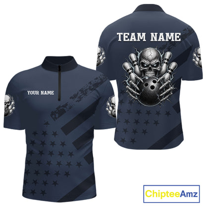 American Flag Bowling Skull Shirt for Men Navy Blue Bowling Jersey Polo & Quarter-Zip QZT1262