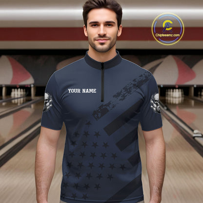 American Flag Bowling Skull Shirt for Men Navy Blue Bowling Jersey Polo & Quarter-Zip QZT1262
