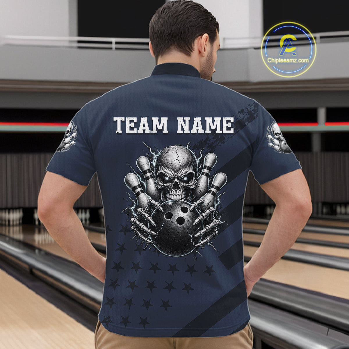 American Flag Bowling Skull Shirt for Men Navy Blue Bowling Jersey Polo & Quarter-Zip QZT1262
