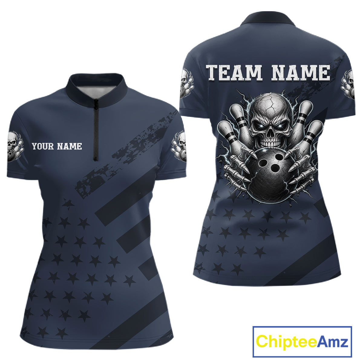 American Flag Bowling Skull Shirt for Women Navy Blue Bowling Jersey Polo & Quarter-Zip QZT1262