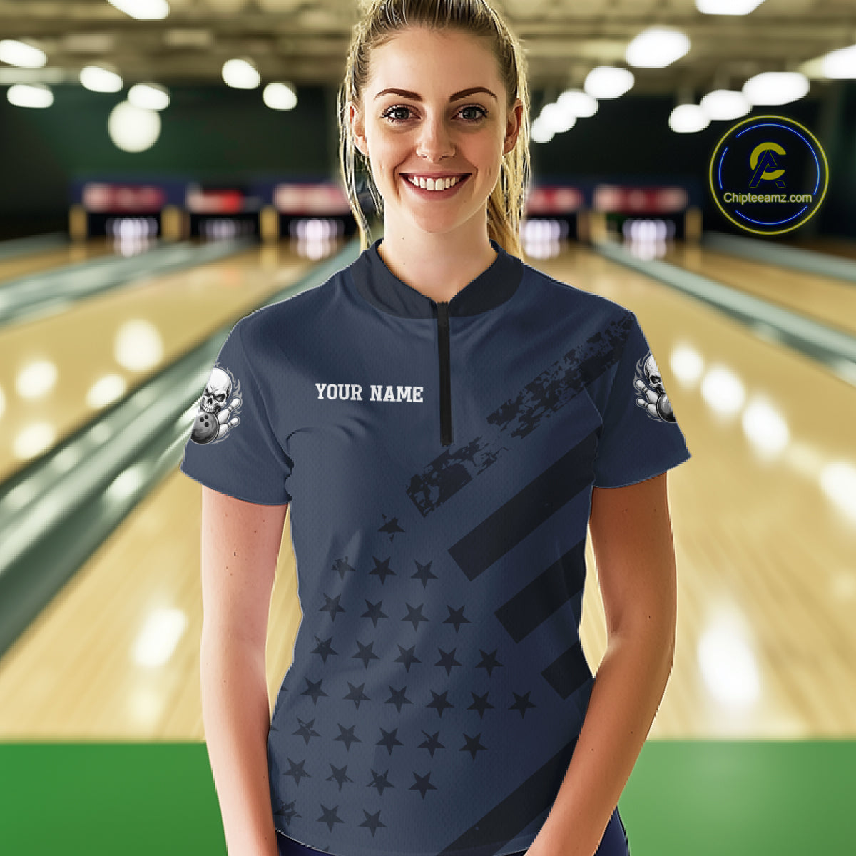 American Flag Bowling Skull Shirt for Women Navy Blue Bowling Jersey Polo & Quarter-Zip QZT1262