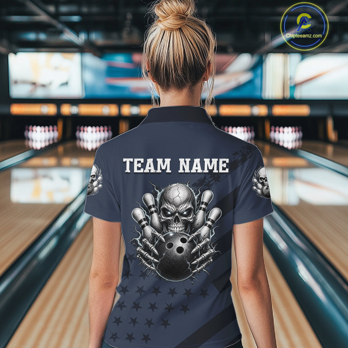 American Flag Bowling Skull Shirt for Women Navy Blue Bowling Jersey Polo & Quarter-Zip QZT1262