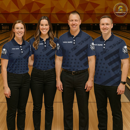 American Flag Bowling Skull Shirt for Men Navy Blue Bowling Jersey Polo & Quarter-Zip QZT1262