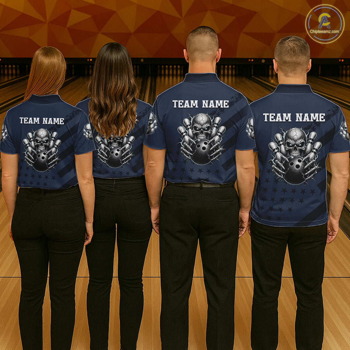 American Flag Bowling Skull Shirt for Men Navy Blue Bowling Jersey Polo & Quarter-Zip QZT1262