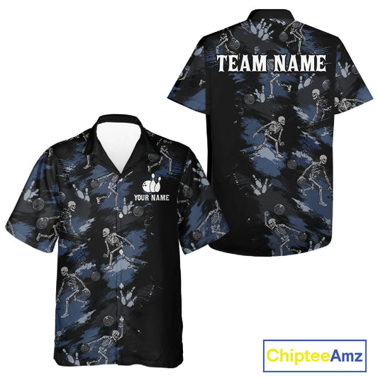Custom Skeleton Bowling Hawaiian Shirt for Men Women Funny Bowling Button Up Shirt QZT1263