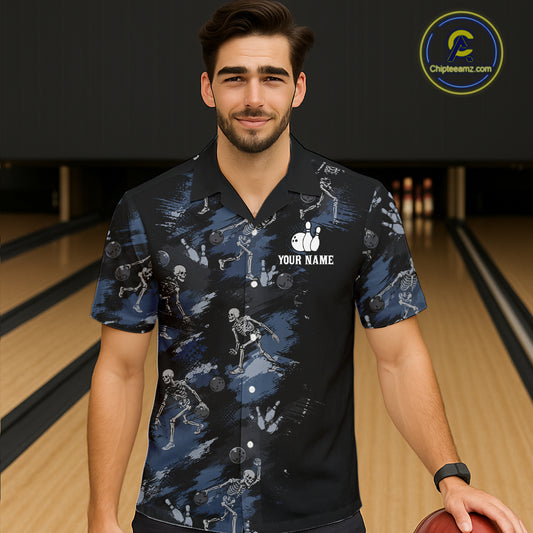 Custom Skeleton Bowling Hawaiian Shirt for Men Women Funny Bowling Button Up Shirt QZT1263