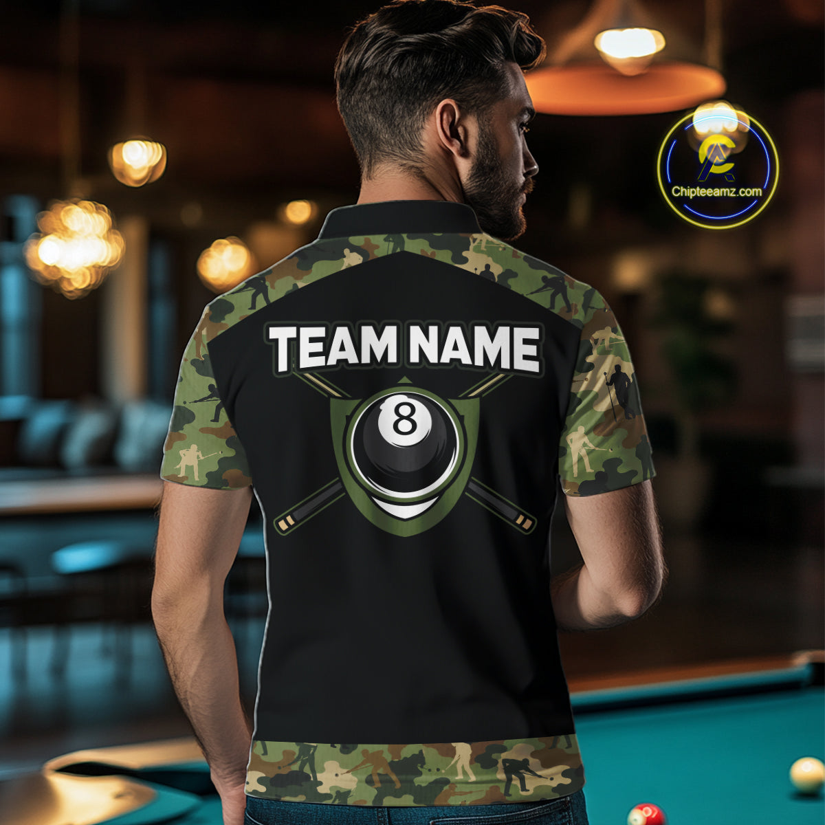 Custom Green Camouflage Billiard Shirt 8 Ball Billiard Jersey for Men Pool Shirt Polo & 1/4 Zip BHT121