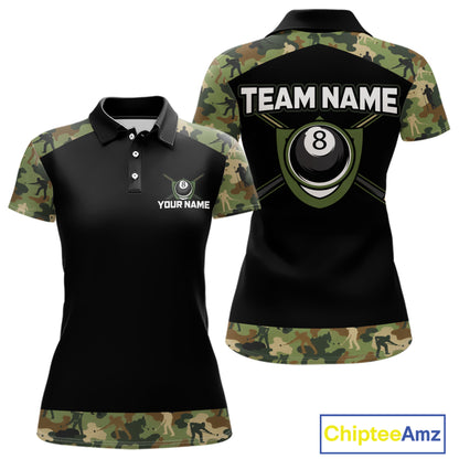 Custom Green Camouflage Billiard Shirt 8 Ball Billiard Jersey for Women Pool Shirt Polo & 1/4 Zip BHT121