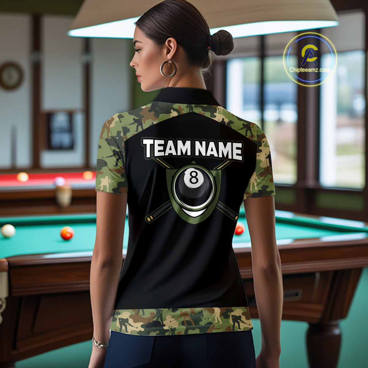 Custom Green Camouflage Billiard Shirt 8 Ball Billiard Jersey for Women Pool Shirt Polo & 1/4 Zip BHT121
