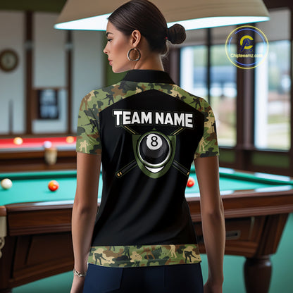 Custom Green Camouflage Billiard Shirt 8 Ball Billiard Jersey for Women Pool Shirt Polo & 1/4 Zip BHT121